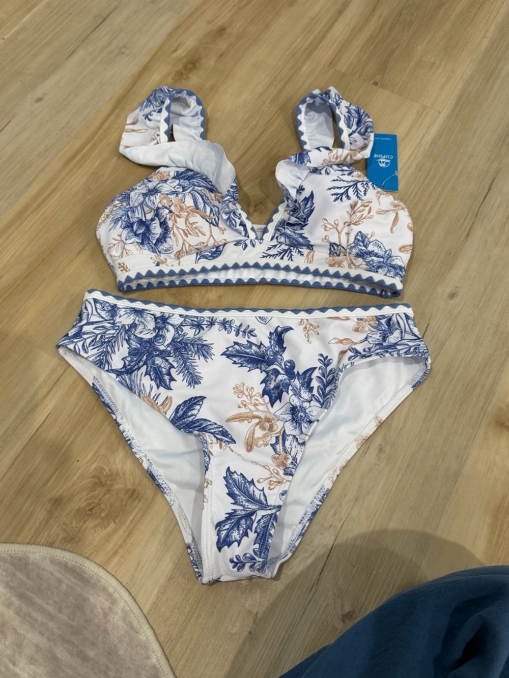 Blue and Tan Floral Bikini Set on White